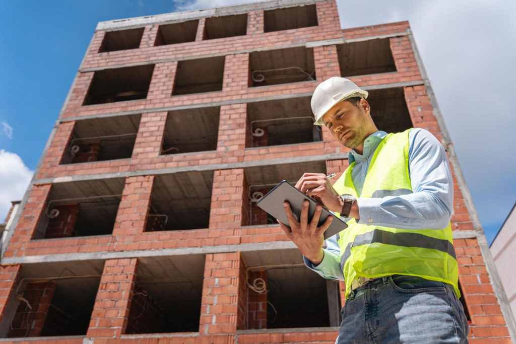 Construction worker using tablet connected to jobsite internet