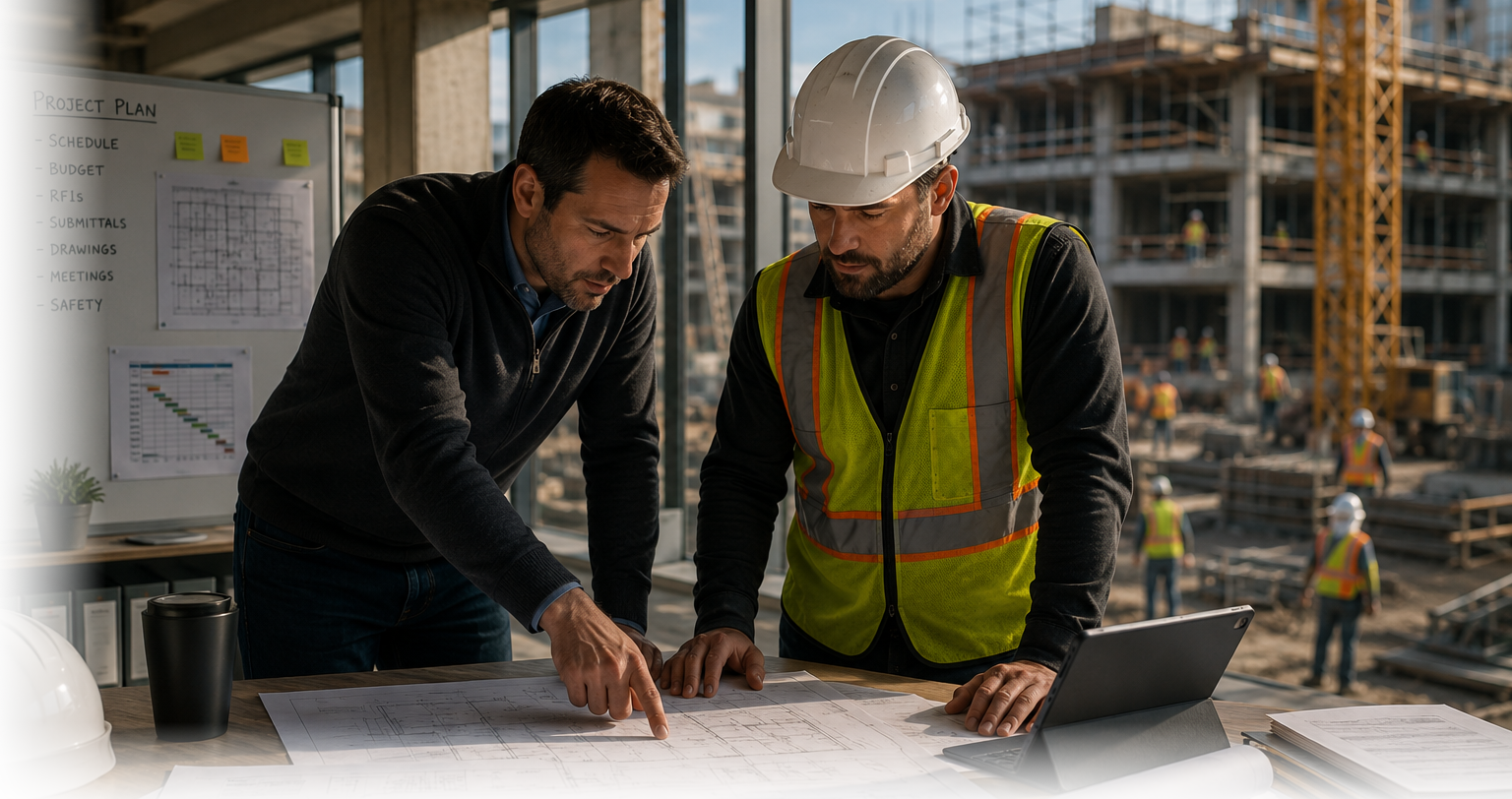 Construction superintendent reviewing project drawings at an active commercial jobsite.