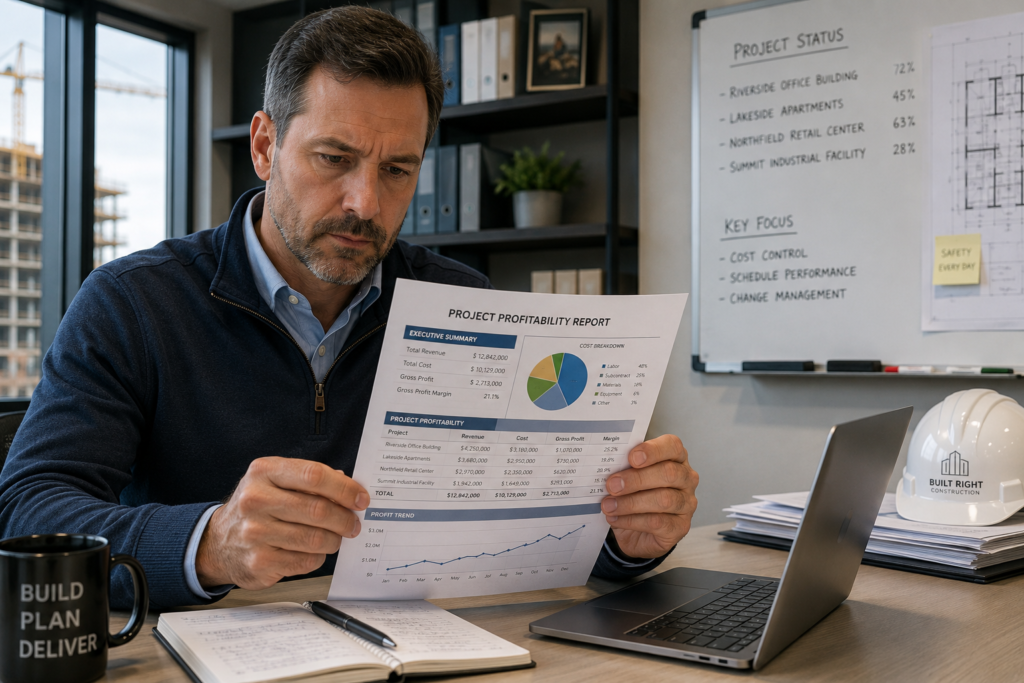 construction executive reviewing project profitability report