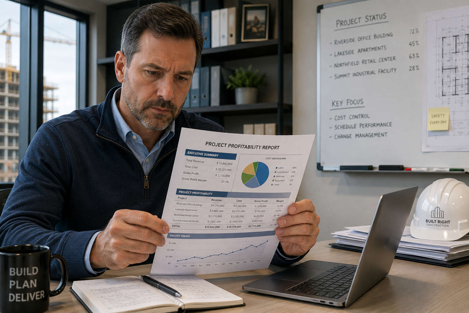 construction executive reviewing project profitability report