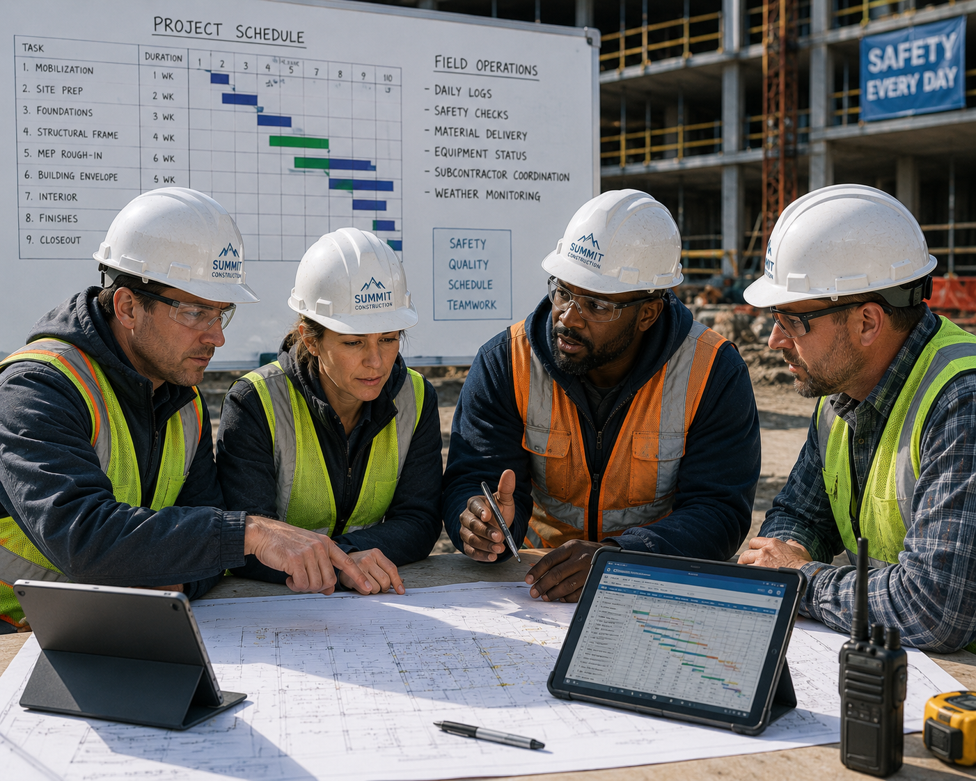 Construction project team coordinating schedules, communication, and project execution