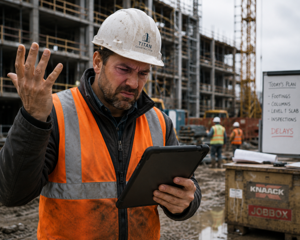 Construction supervisor reviewing multiple versions of project drawings