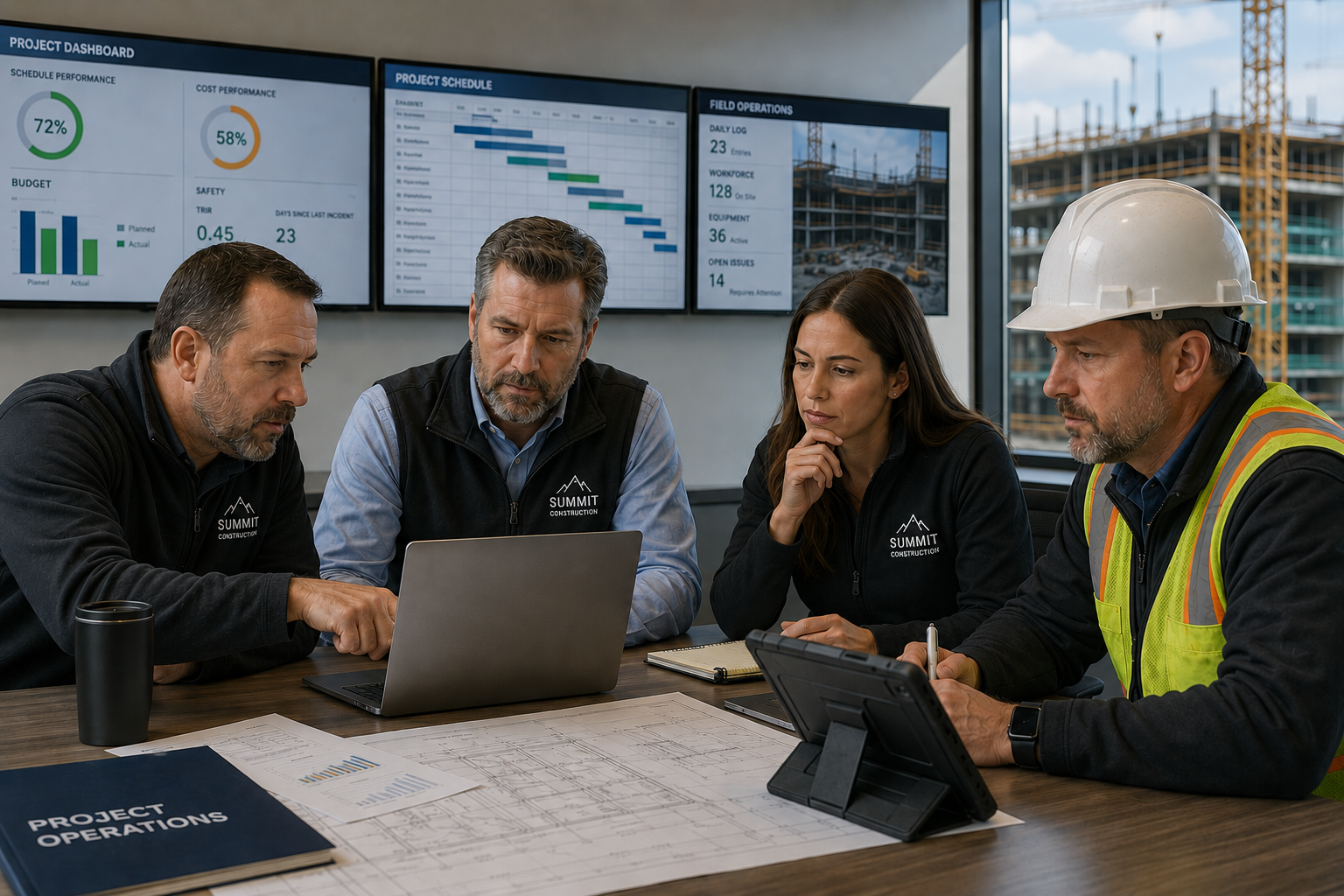 Construction leadership team reviewing project operations and technology planning