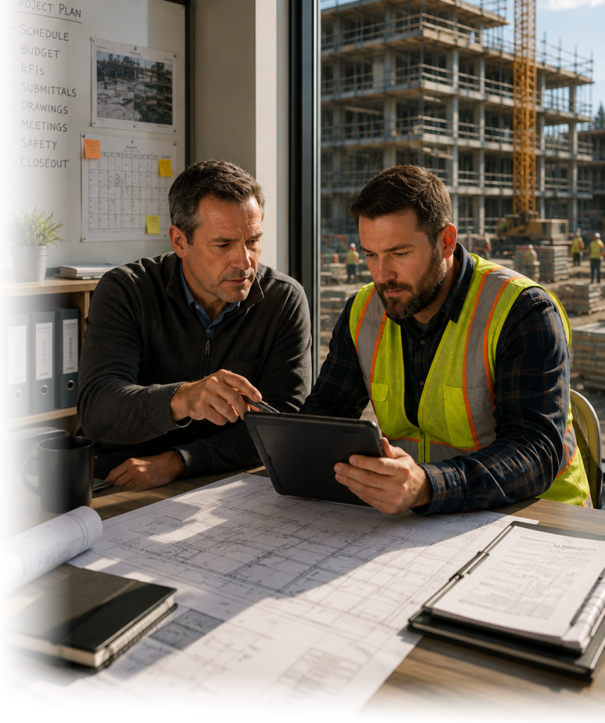 Two construction project managers reviewing project information and construction drawings together.
