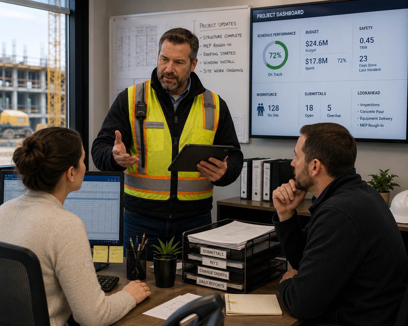 Construction superintendent communicating project information with office team
