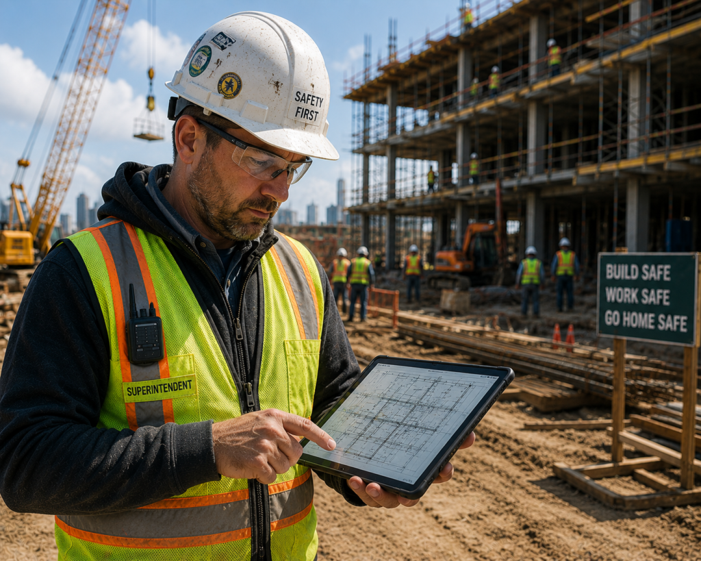 Construction superintendent reviewing current project drawings on a tablet
