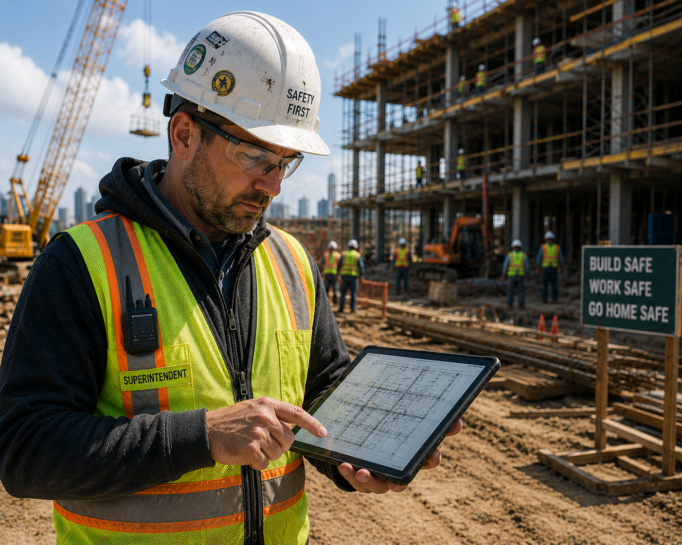 Construction superintendent reviewing current project drawings on a tablet