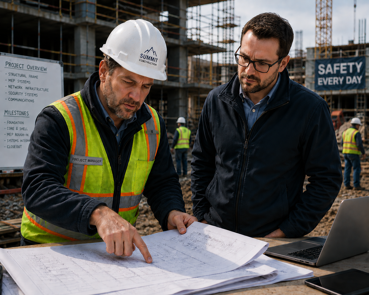 Construction project manager discussing operational challenges on a jobsite