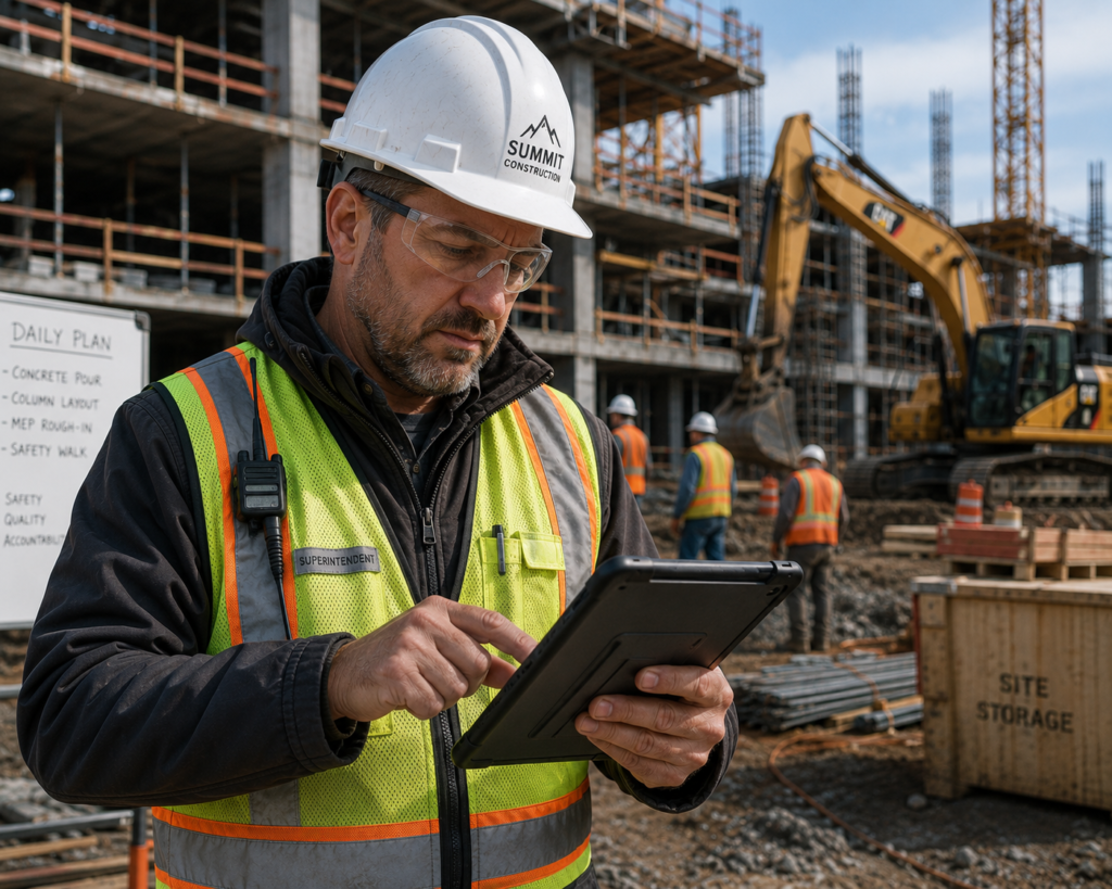 Construction superintendent reviewing project information at a construction site