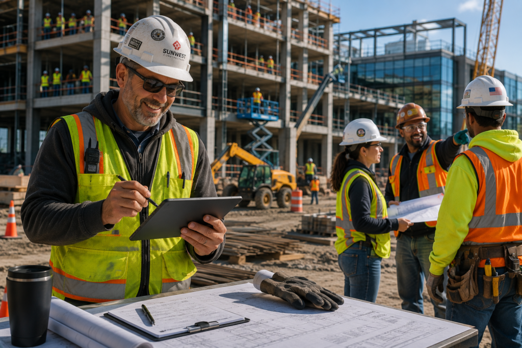 Construction superintendent coordinating project activities to maintain momentum