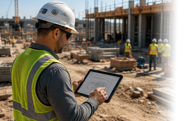 Construction superintendent using a tablet to access project information on an active jobsite.
