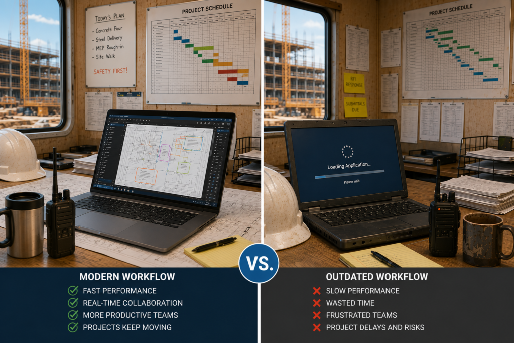 Comparison of a modern laptop and an outdated computer used by construction project managers, showing how aging hardware slows productivity on construction projects.