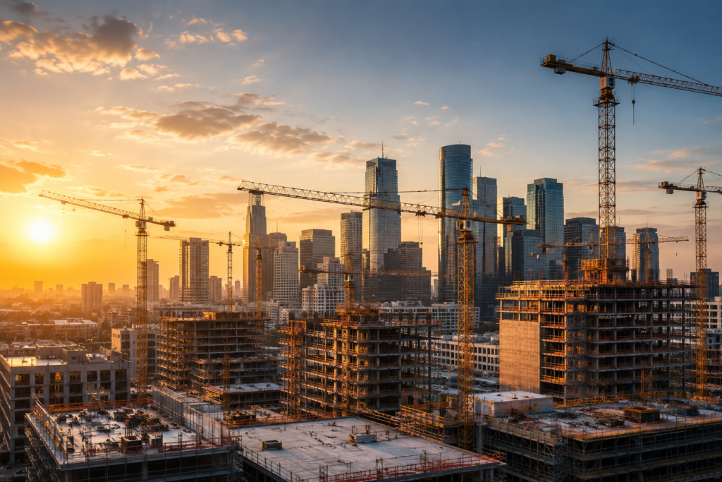 Southern California commercial construction skyline at sunset.