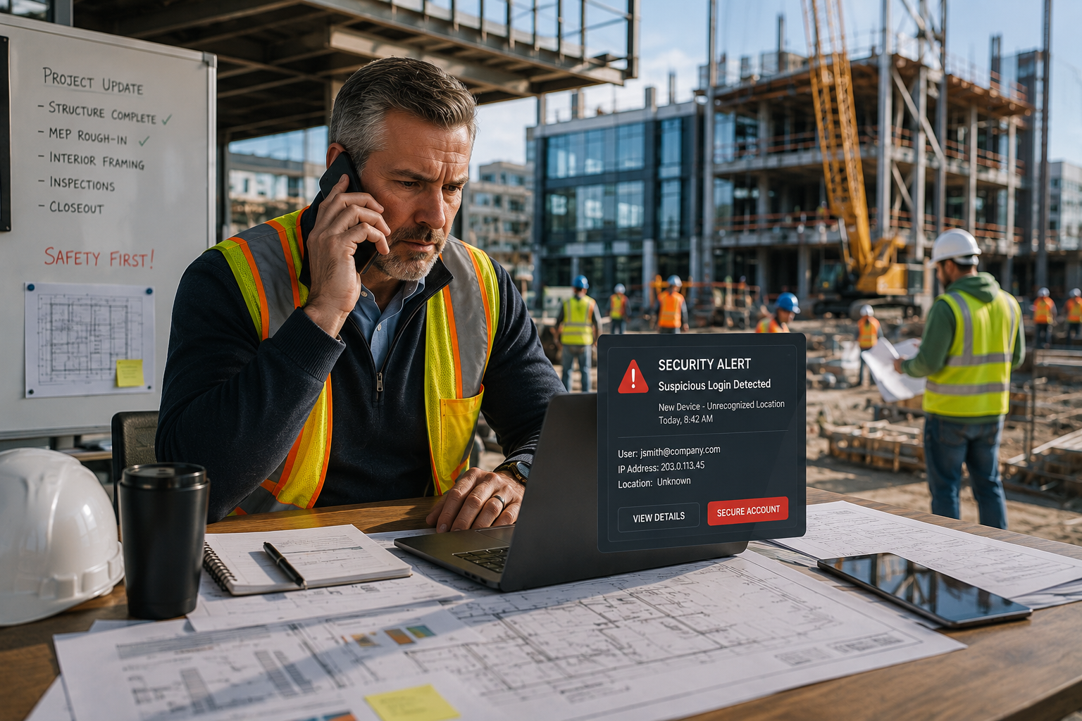 Construction project manager responding to cybersecurity issues while maintaining project operations