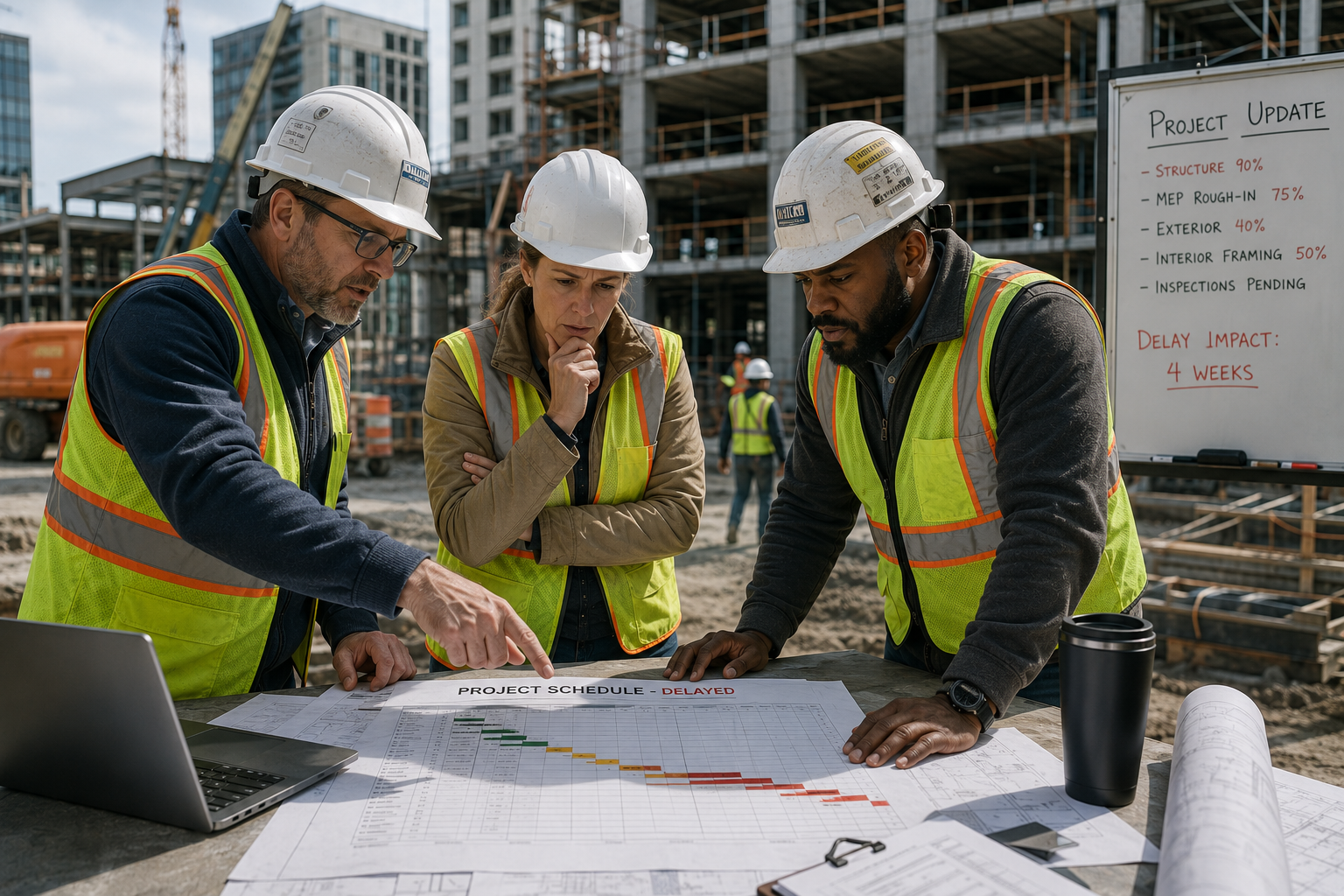 Construction leadership reviewing project schedule after unexpected delays