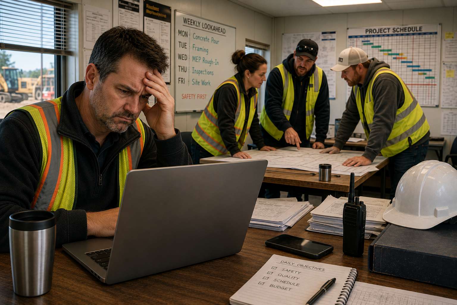 Construction project manager waiting for project management software to load inside a busy jobsite trailer.