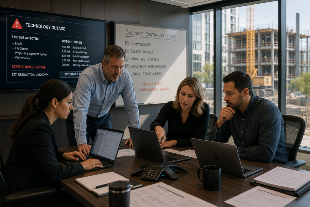 construction leadership team coordinating business continuity during technology outage in modern office