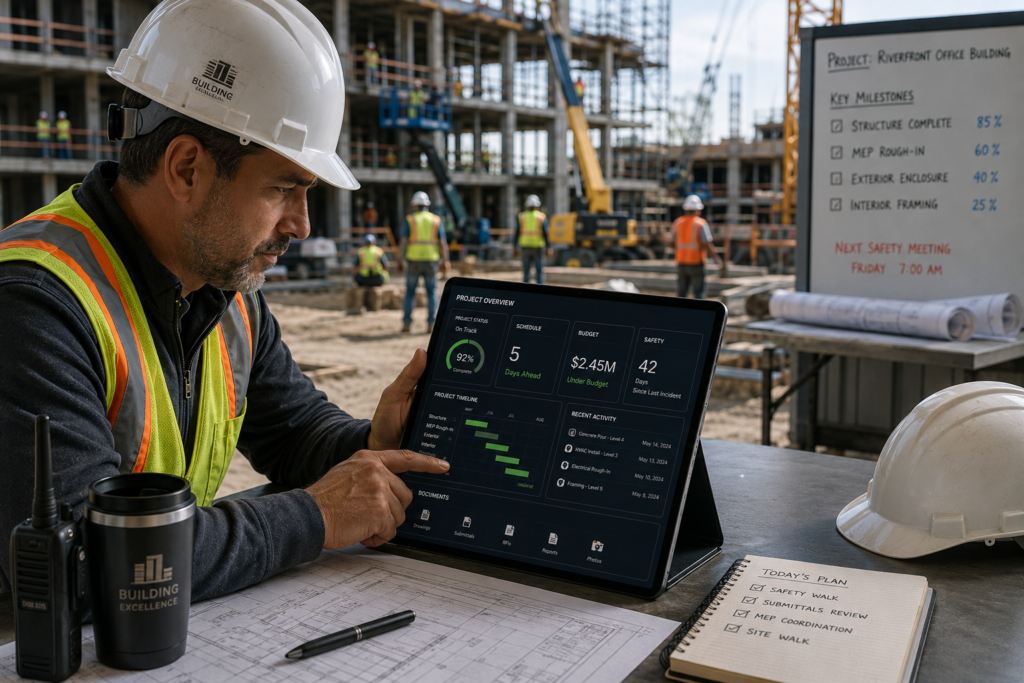 Construction project manager evaluating operational systems using the Construction Technology Framework™