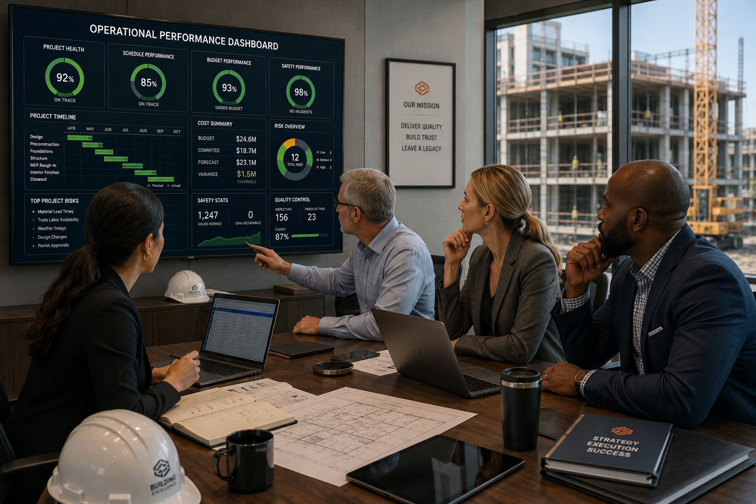 Construction leadership evaluating operational performance and project execution