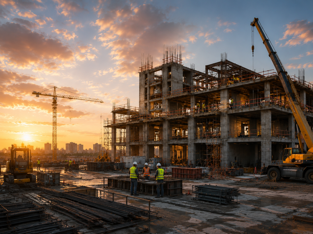 Commercial construction project under construction at sunset.