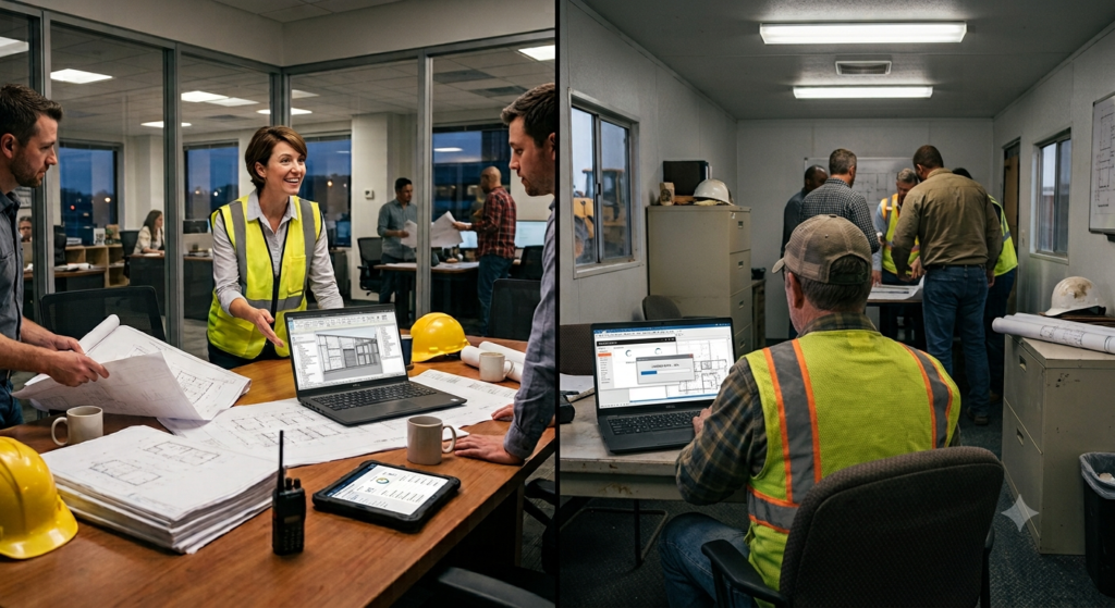 Comparison of modern and outdated computers used by construction project managers during a morning coordination meeting.