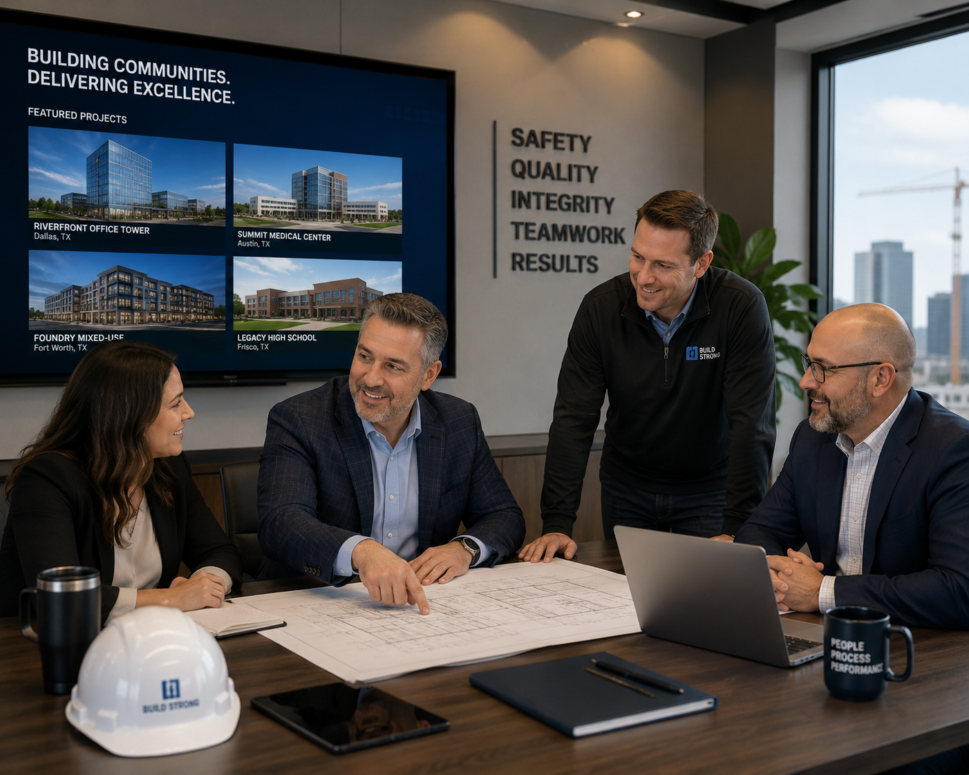 Construction executives reviewing successful projects and operational performance
