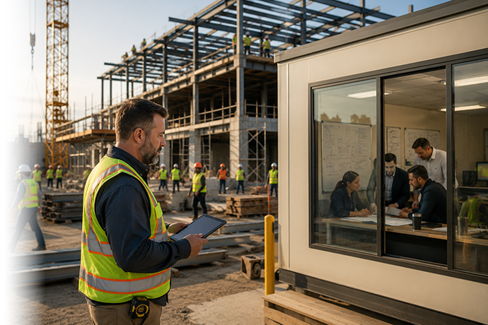 Construction superintendent coordinating work while using technology at an active commercial construction site.