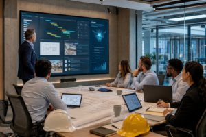 Construction leadership team reviewing project information with AI assisted technology during a planning meeting.