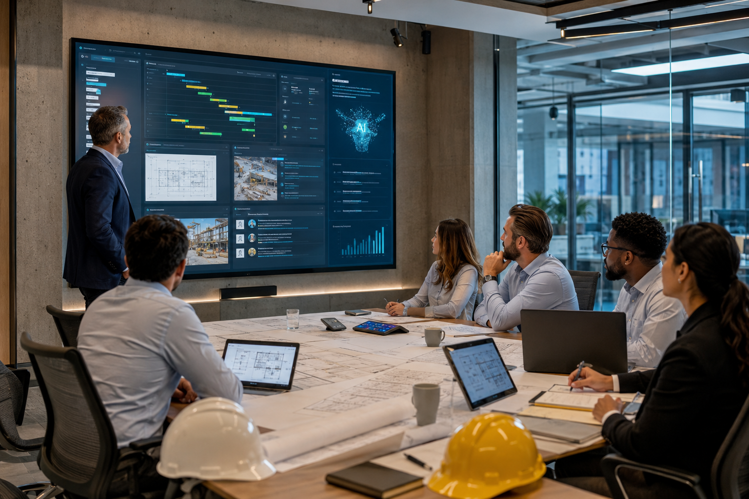 Construction leadership team reviewing project information with AI assisted technology during a planning meeting.