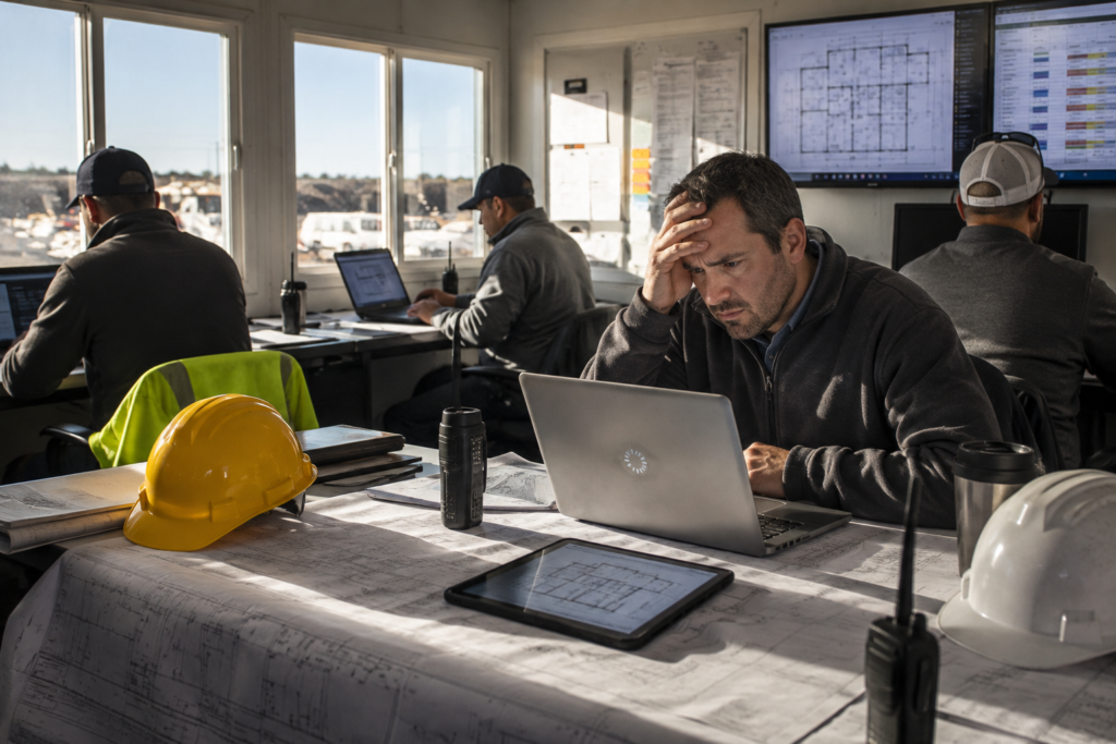 Project manager waiting for construction software to load because of slow office Wi-Fi.