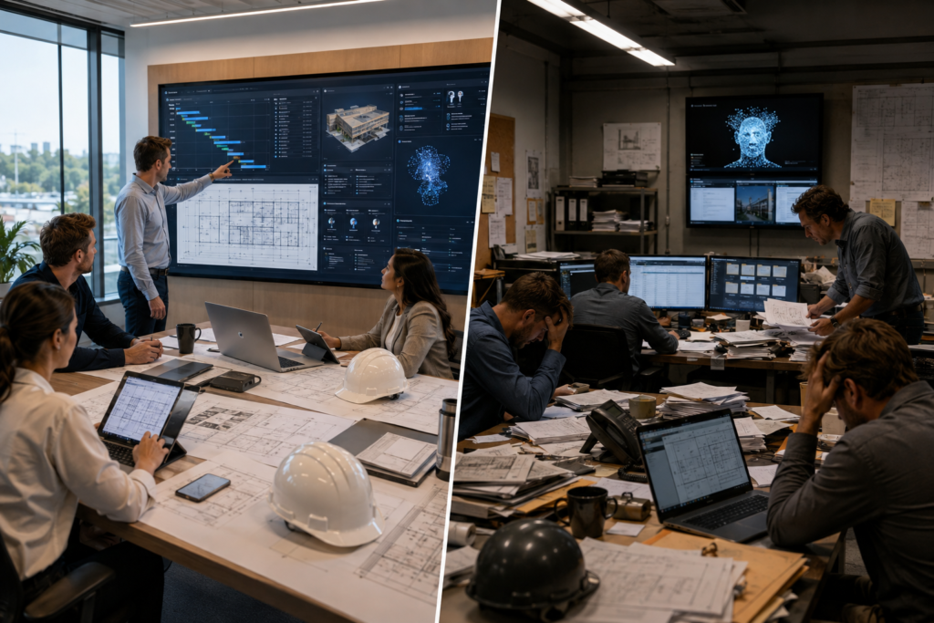 Comparison of a construction company prepared for AI versus one with outdated technology and disorganized project information.