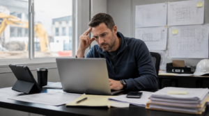 Construction project manager reviewing project information across multiple devices