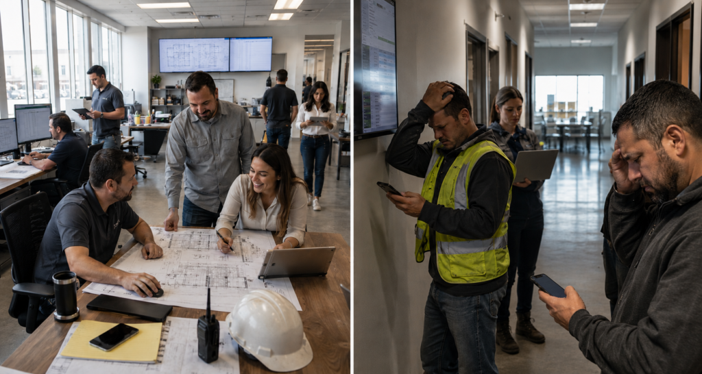 Comparison showing reliable Wi-Fi versus poor Wi-Fi in a commercial construction office.