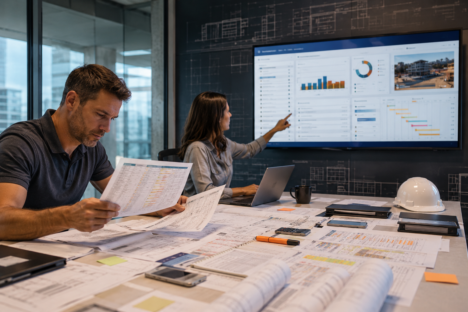 Construction managers comparing organized and inconsistent project information during a planning meeting.