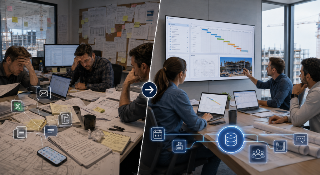 Comparison of fragmented project information versus a centralized single source of truth for construction teams.