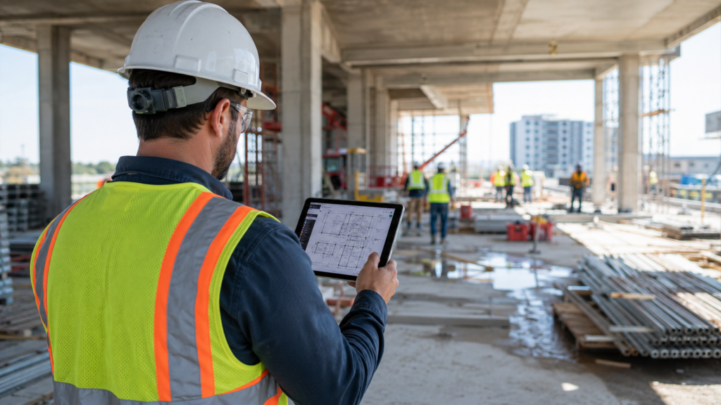 Construction professional using a tablet to access project information in the field