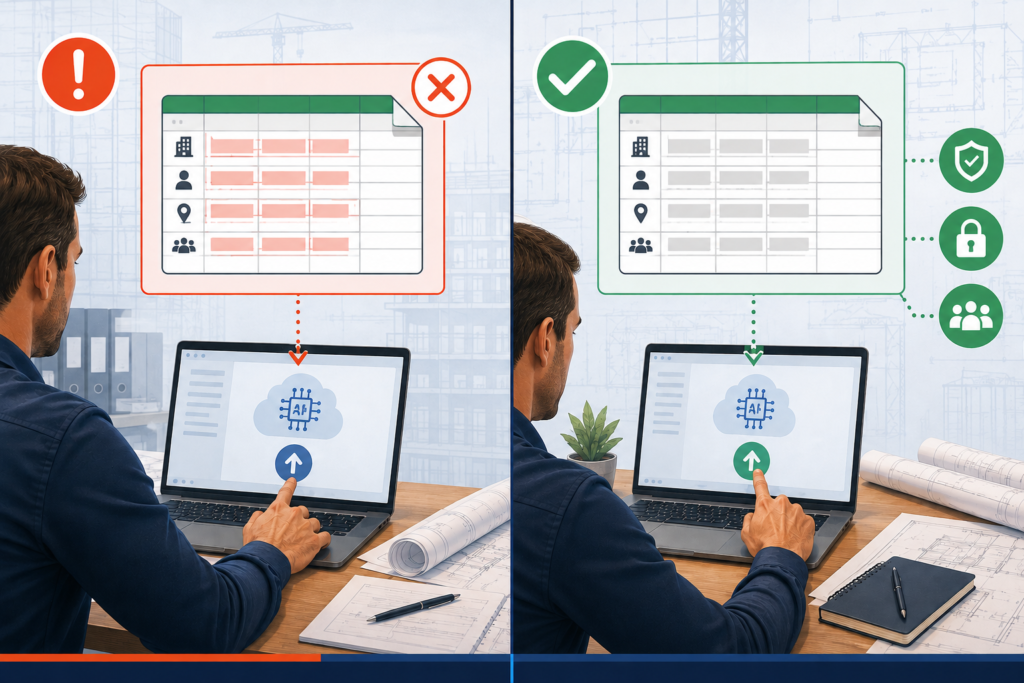 Comparison showing project information before and after unnecessary identifying details are removed prior to using AI.