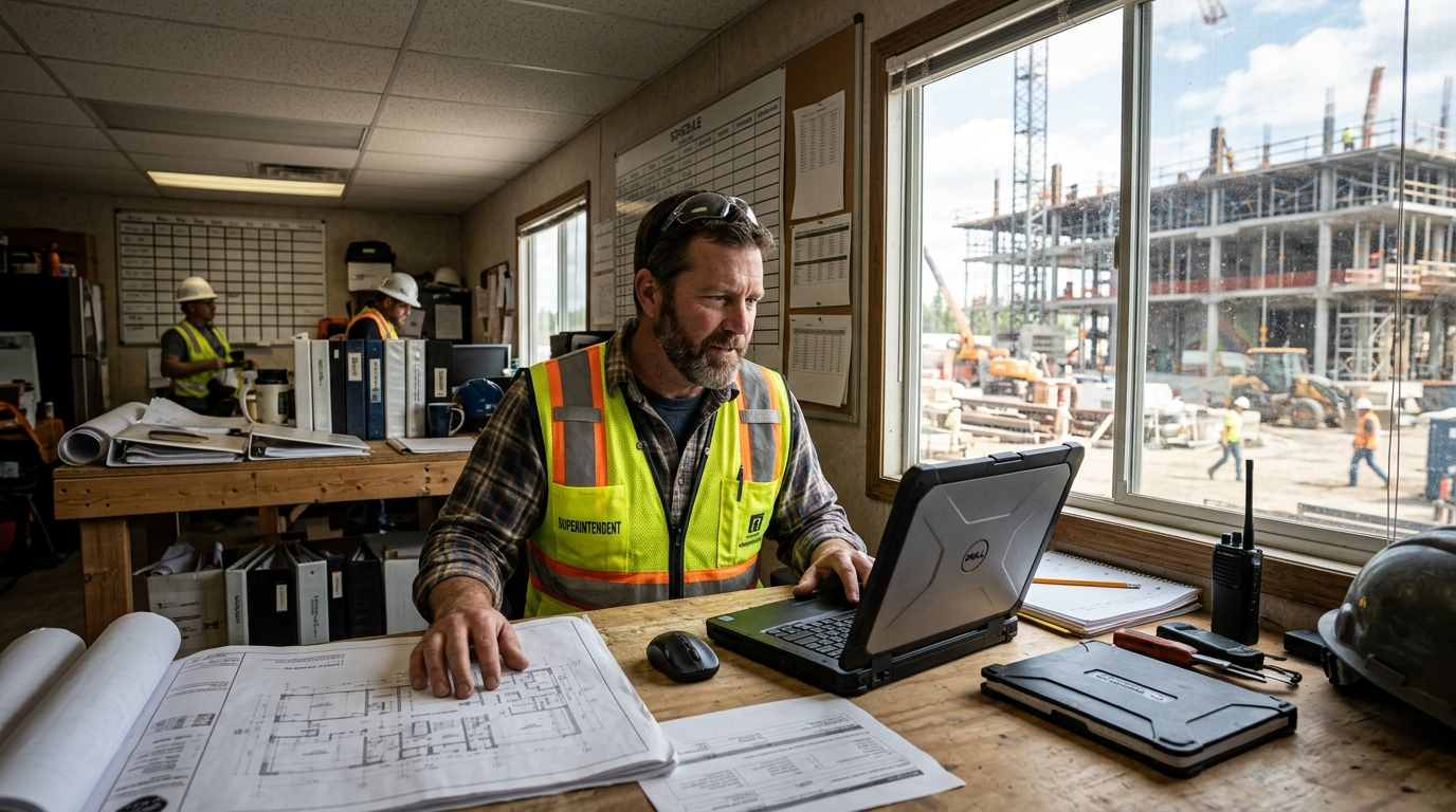 Construction project manager reviewing project information before making a project decision