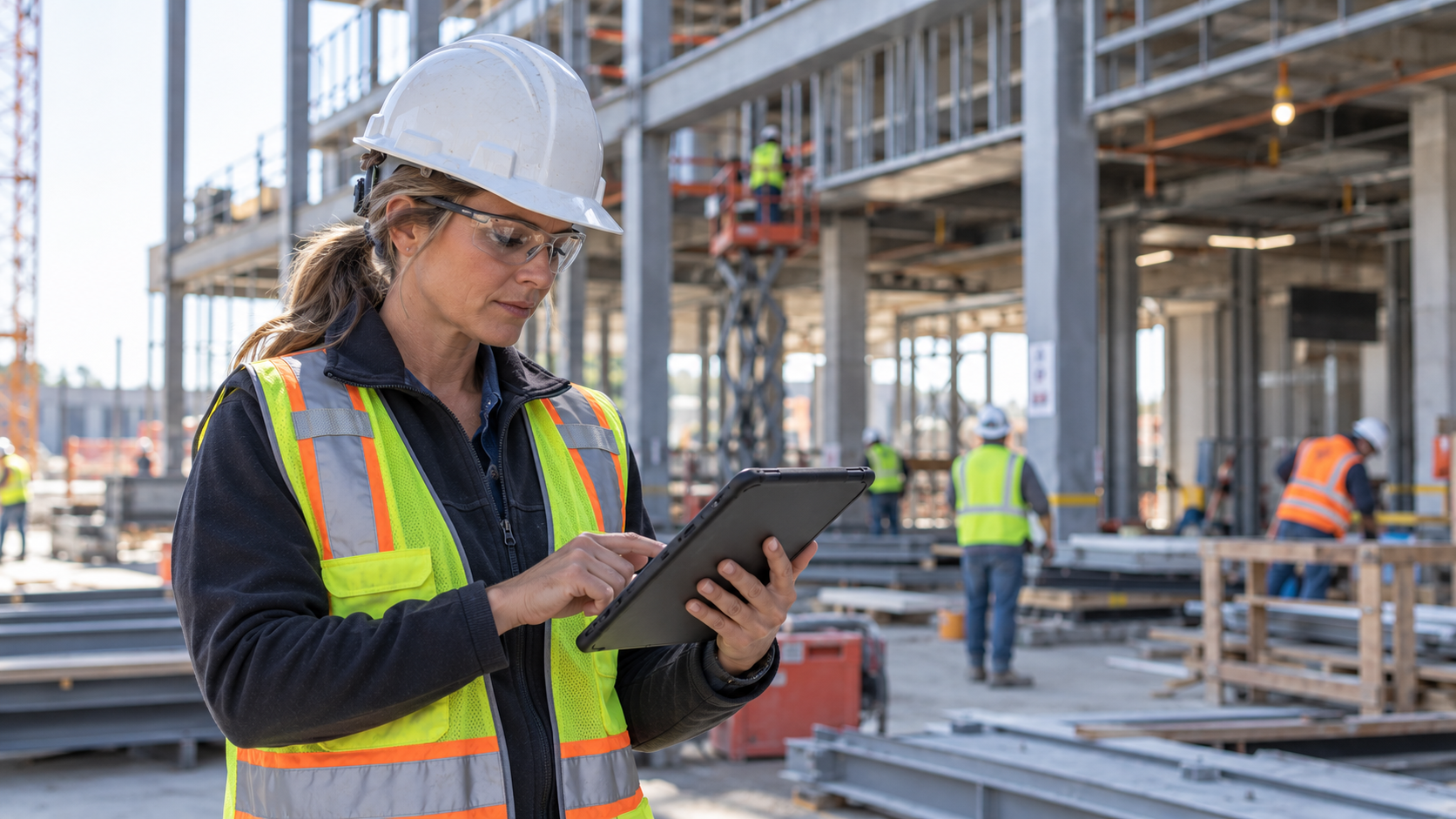 Construction project manager using a tablet as part of an established jobsite process
