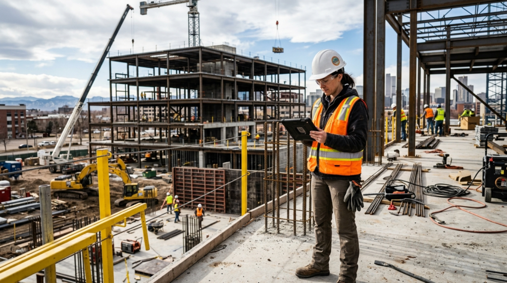 Construction professional completing a project documentation process on a tablet at a commercial jobsite