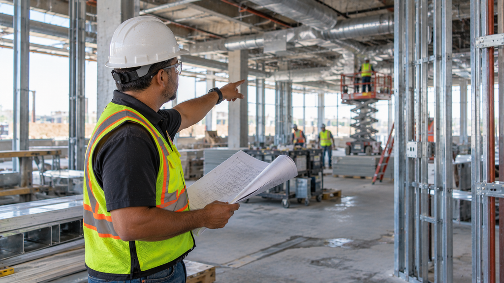 Construction project manager comparing project information with work at a commercial jobsite