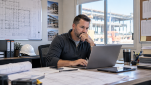 Construction project manager reviewing project information on a laptop in a construction office