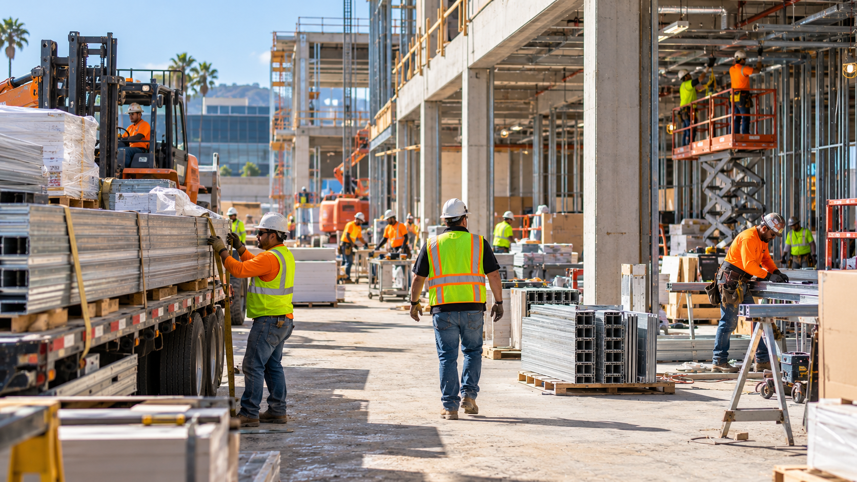 Connected construction activities taking place across an active commercial jobsite