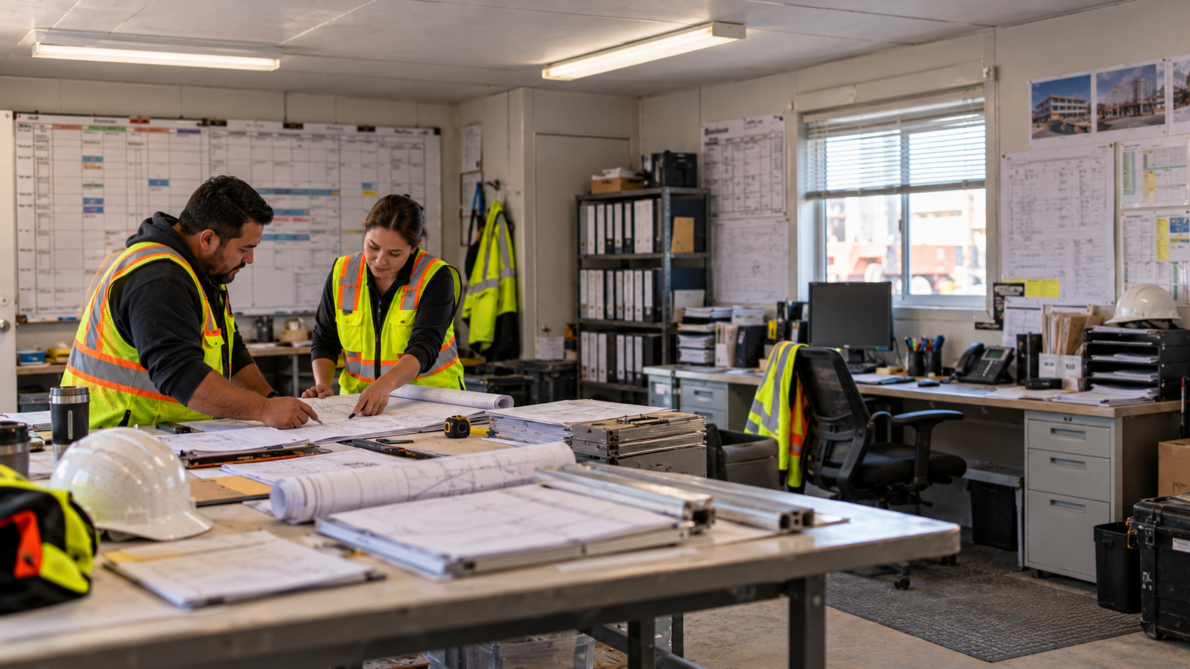 Construction project office continuing work while an employee workstation is unoccupied