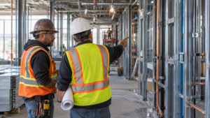 Construction superintendent and trade foreman coordinating upcoming work at a commercial jobsite