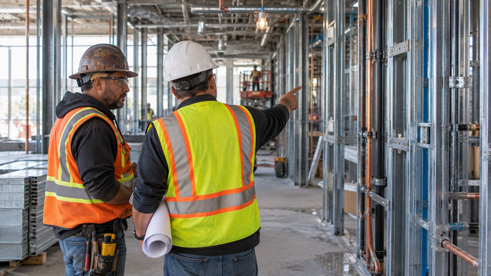 Construction superintendent and trade foreman coordinating upcoming work at a commercial jobsite
